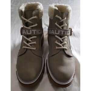 Nautica Lace UP Buckle Hiker Boots Faux Suede Beige Size 7.5